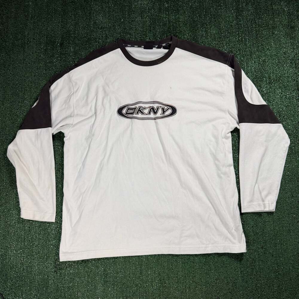 Vintage Y2K Mens DKNY Long Sleeve Tee Shirt Patchwork Logo XL